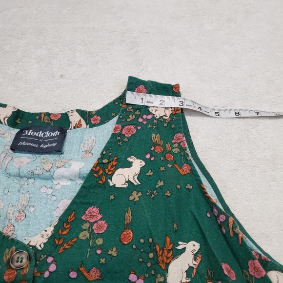 Modcloth Emerald Green White Bunny Floral Spring Linen Dress XL Cottage Eclectic - Picture 5 of 9
